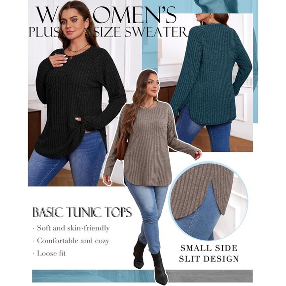3 Pack Plus Size Long Sleeve Tunic Tops for Women Stylish Curved Hem - Picture 2 of 4